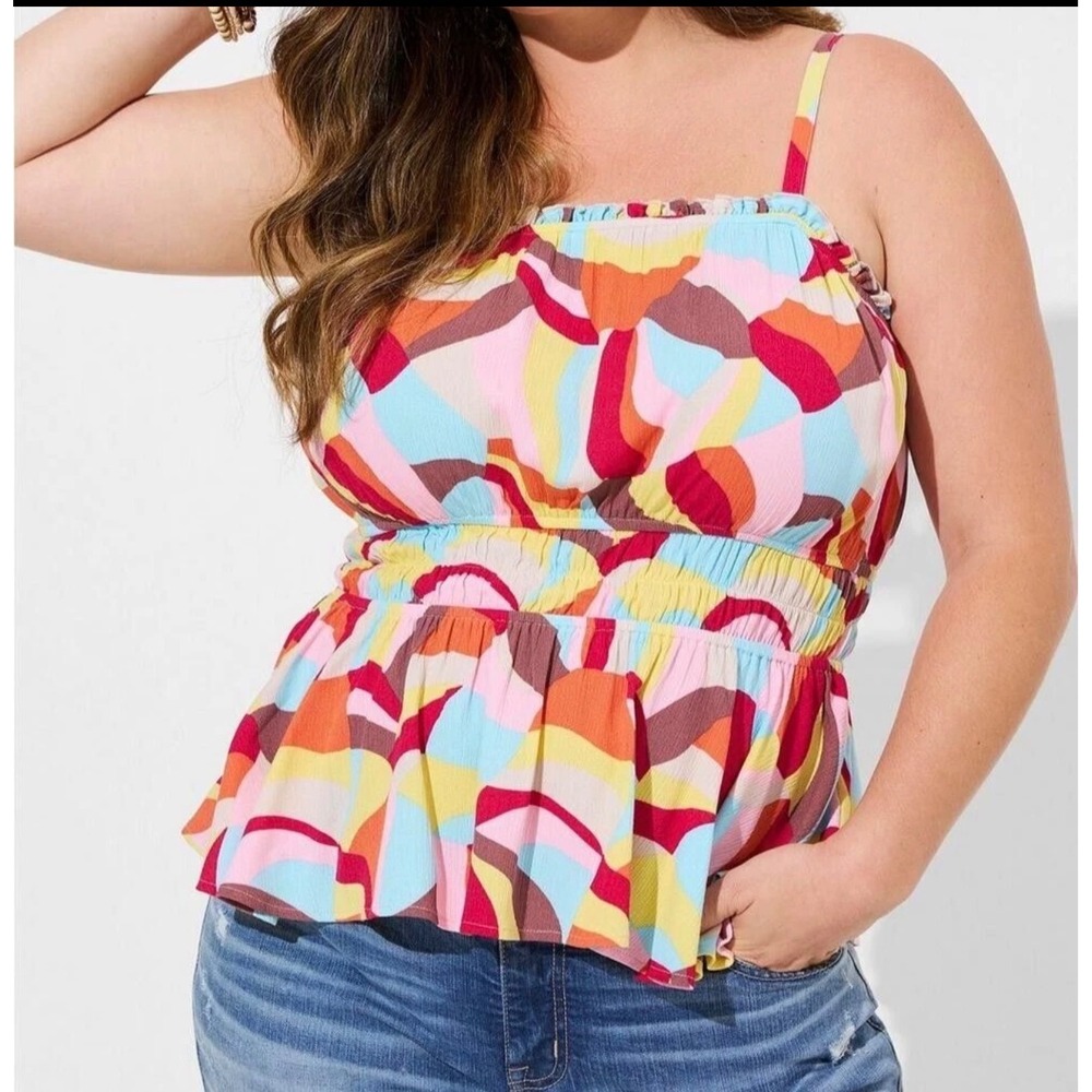 Torrid Peplum Cami Women Size 2 Multi Color Abstract Smocked Waist Summer Top